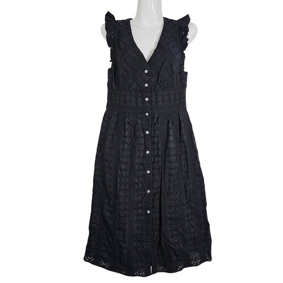 J. Crew‎ Ruffle Sleeveless Eyelet Button-Front Midi Dress Cotton Black Womens 6 - Picture 3 of 13